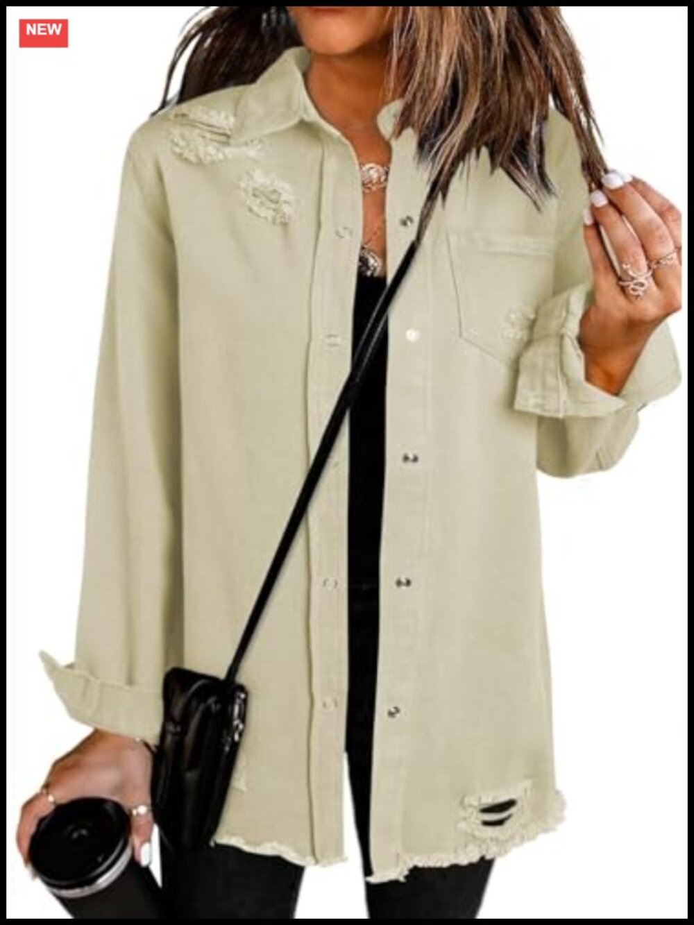 Oversized Boyfriend Denim Jacket Button Down Distressed Jean Coat